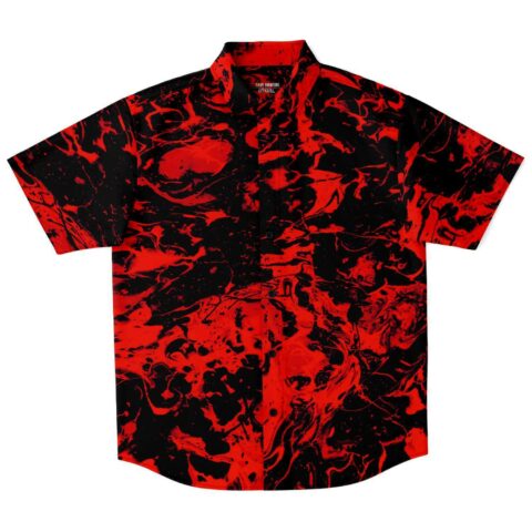 Front view of the red and black marbled rave button-down shirt, short sleeve