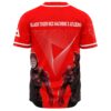 Back view of red rave jersey with masked robot figures and geometric triangle graphic