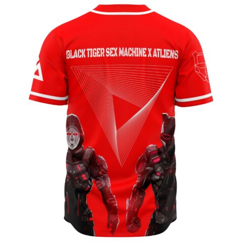 Back view of red rave jersey with masked robot figures and geometric triangle graphic