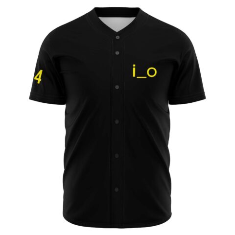 Black jersey with yellow “i o” chest logo and sleeve 4, front view on white