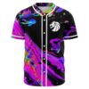 Front view of black baseball jersey with psychedelic oil slick swirl design and lion logo