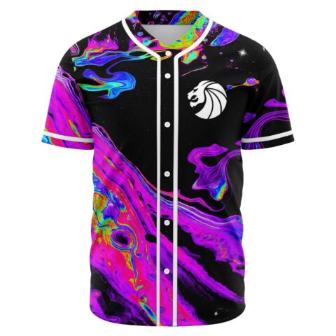 Front view of black baseball jersey with psychedelic oil slick swirl design and lion logo