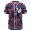 Front view of psychedelic mandala baseball jersey with white button placket and dripping rock hand