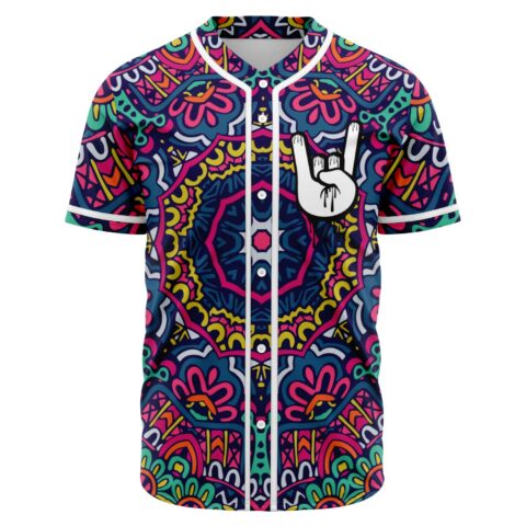 Front view of psychedelic mandala baseball jersey with white button placket and dripping rock hand