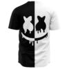 back view of split black and white jersey with dripping smiley face rave design
