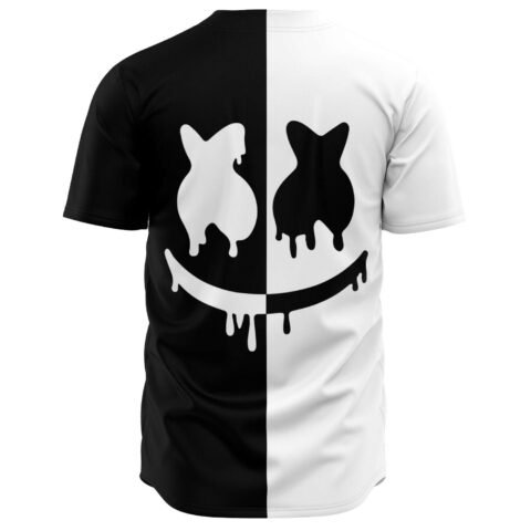 back view of split black and white jersey with dripping smiley face rave design