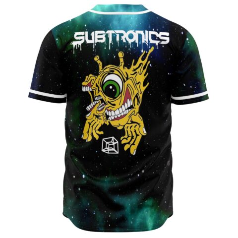 Back view of galaxy rave jersey with dripping Subtronics text and yellow monster eye graphic