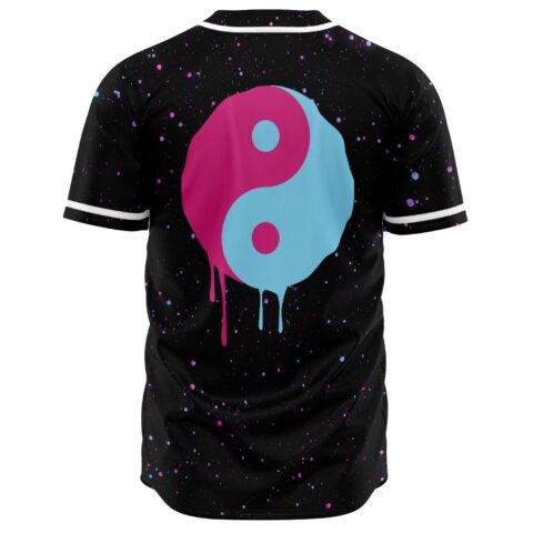 Back view of dripping pink and blue yin yang design on black starry rave jersey