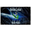 Black rave flag with cartoon-inspired mad scientist riding a green cape over a planet scene