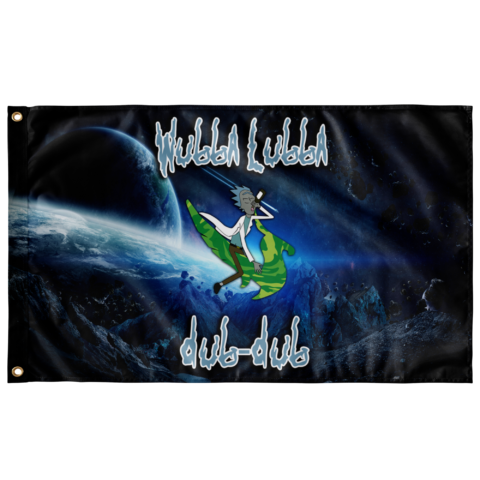 Black rave flag with cartoon-inspired mad scientist riding a green cape over a planet scene