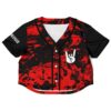 Red and black marbled certified headbanger rave crop top with dripping rock-hand chest logo, front view