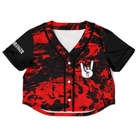Red and black marbled crop jersey with dripping rock-hand chest logo, front view
