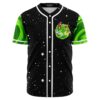 Black baseball jersey, green swirling portal graphic on chest, camo sleeves