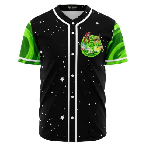 Black baseball jersey, green swirling portal graphic on chest, camo sleeves