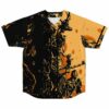 Black orange silhouetted samurai rave baseball jersey laid flat front view