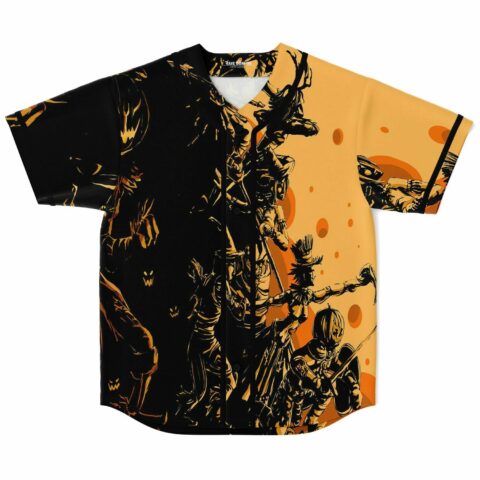 Black orange silhouetted samurai rave baseball jersey laid flat front view