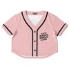 Light pink riddim club rave cropped baseball jersey with black trim and slogan text on the front