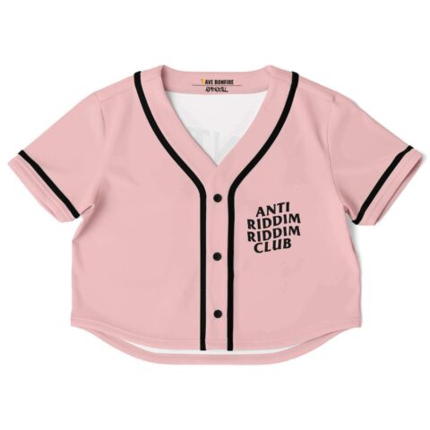 Light pink cropped rave top jersey with black trim and front text