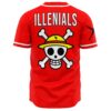 Back view of red jersey printed ILLENIALS above large straw hat skull and crossbones graphic