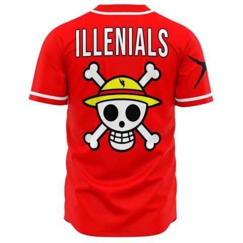 Back view of red jersey printed ILLENIALS above large straw hat skull and crossbones graphic