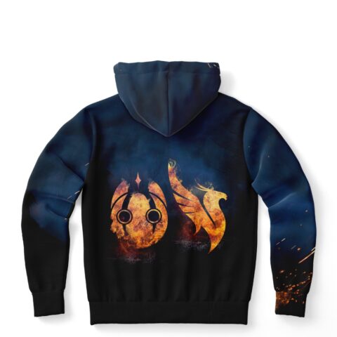 Flaming heart rave hoodie back view showing glowing fire mask and wing emblem