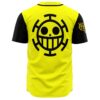 Yellow anime-inspired baseball jersey back view with black skull crossbones emblem