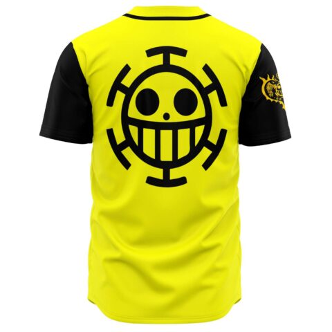 Yellow anime-inspired baseball jersey back view with black skull crossbones emblem