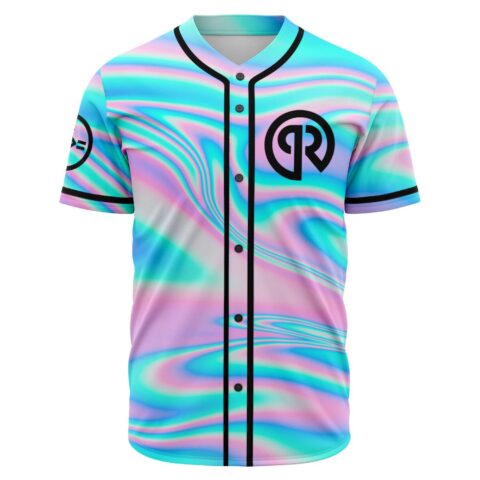 Pastel holographic swirl baseball jersey with black R emblem front view