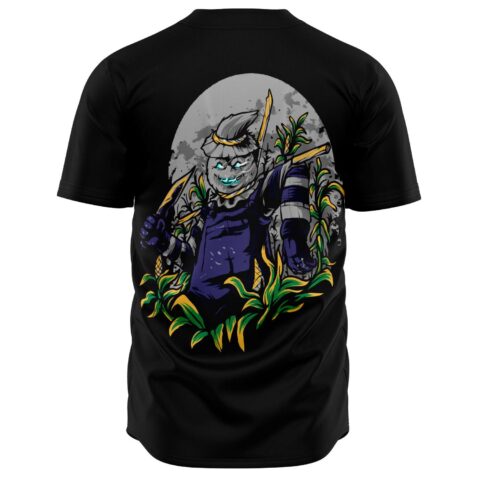 Back view showing sinister scarecrow graphic in cornfield under full moon