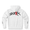 White hoodie back view with bold wordmark text and red accent slashes