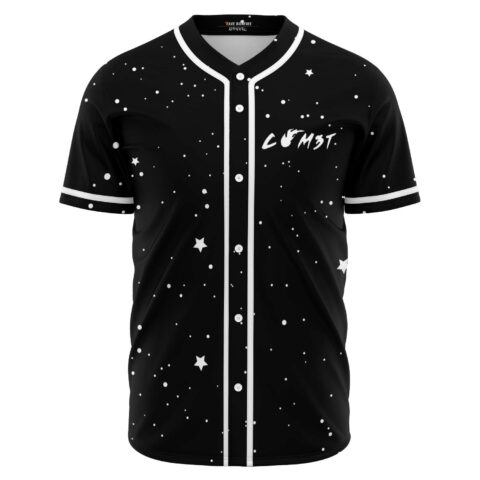 Black night sky rave baseball jersey with star and dot print, COM3T logo front