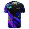 Black baseball jersey with iridescent oil swirl print and LSDREAM text on chest front view