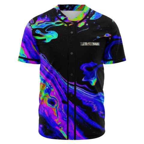 Black baseball jersey with iridescent oil swirl print and LSDREAM text on chest front view