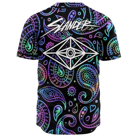 Back view of paisley jersey with SLANDER text and eye diamond emblem