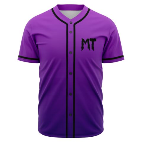 Purple ombre rave baseball jersey with black trim and MT logo front view