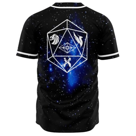 Back view showing geometric icosahedron emblem with lion griffin and eye icons on starfield print