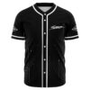 Black rave baseball jersey with bass-inspired dot swirl print and Slander script front view