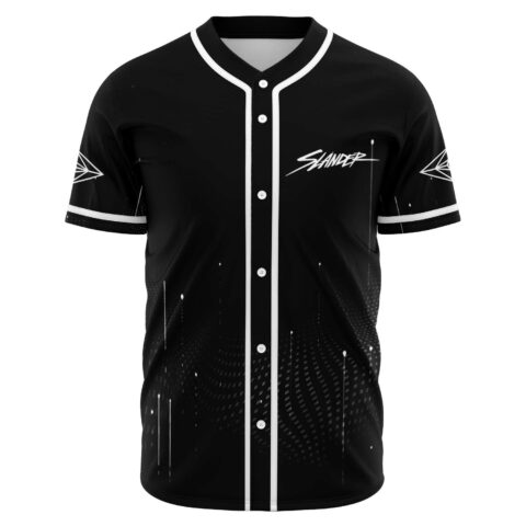 Black rave baseball jersey with bass-inspired dot swirl print and Slander script front view