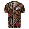 Bandana paisley rave baseball jersey with white buttons and festival-inspired logo on chest, front view