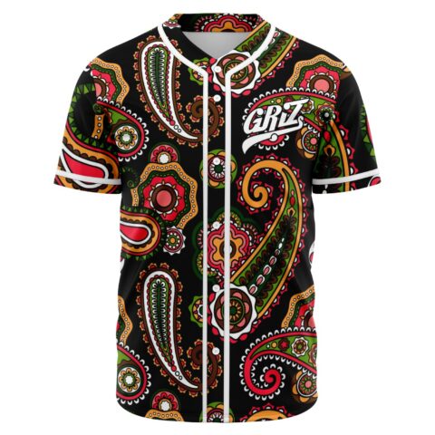 Bandana paisley rave baseball jersey with white buttons and festival-inspired logo on chest, front view