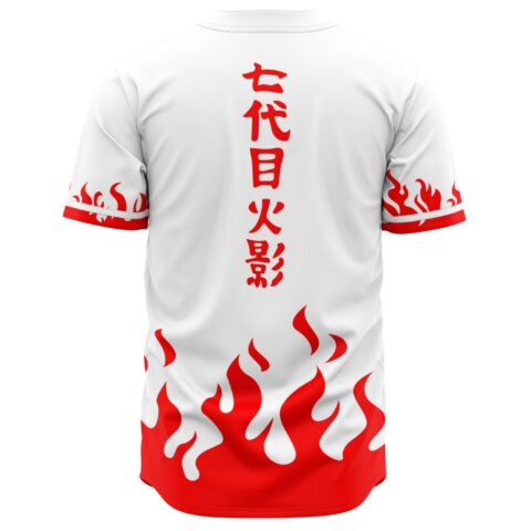 Back view of white baseball jersey with rising red flames and vertical kanji text