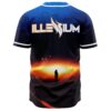 Back view of navy blue rave baseball jersey with winged text logo and glowing horizon