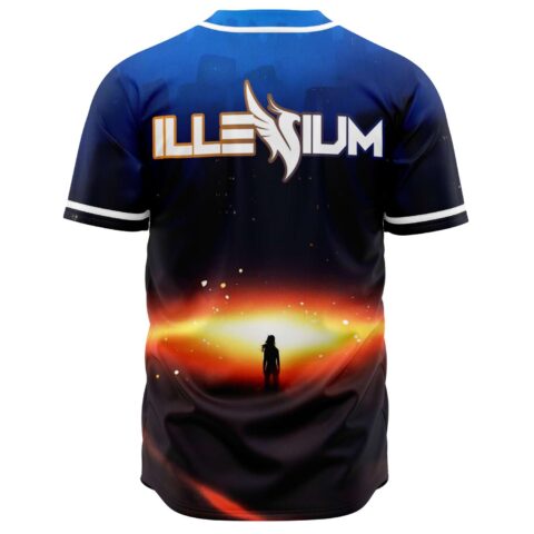 Back view of navy blue rave baseball jersey with winged text logo and glowing horizon