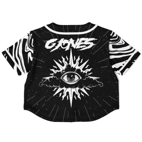 GJONES text above all-seeing eye sunburst design on black starry crop jersey, back print