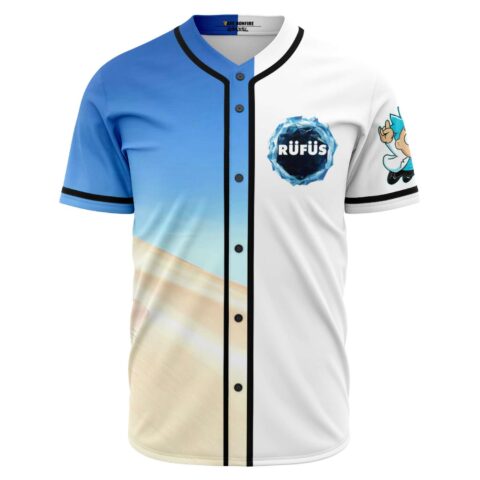 Front view of split blue sky and desert dunes baseball jersey with icy crystal logo