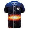 Front view of cosmic horizon rave baseball jersey with fiery sunburst and wing logo
