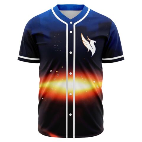 Front view of cosmic horizon rave baseball jersey with fiery sunburst and wing logo