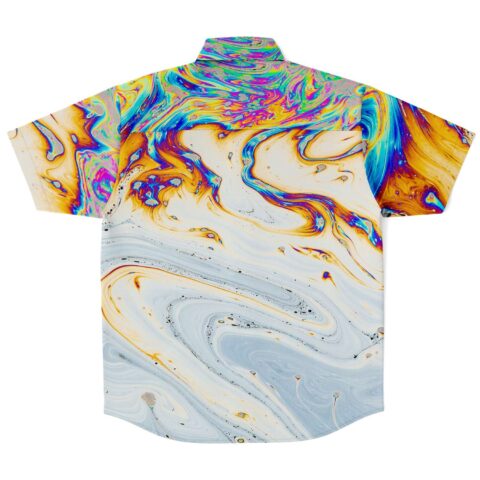 Back view of the acid trip rave button-down shirt with its vibrant marbled design