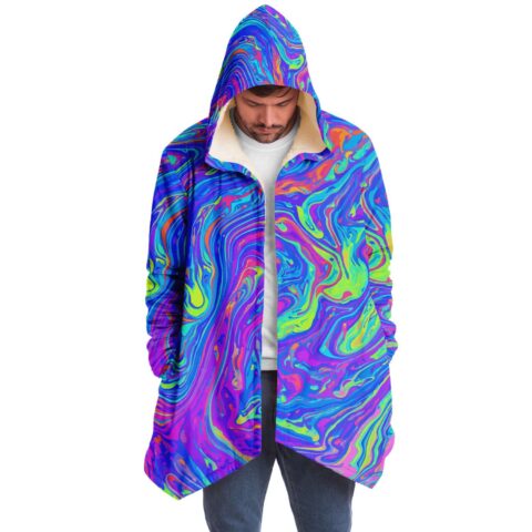 Model wearing the vibrant patterned acid trip rave cloak