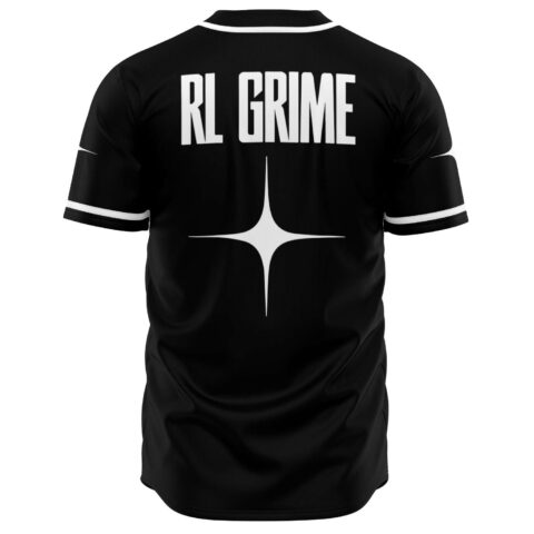 Black rave baseball jersey with RL Grime text and sparkle star print, back view